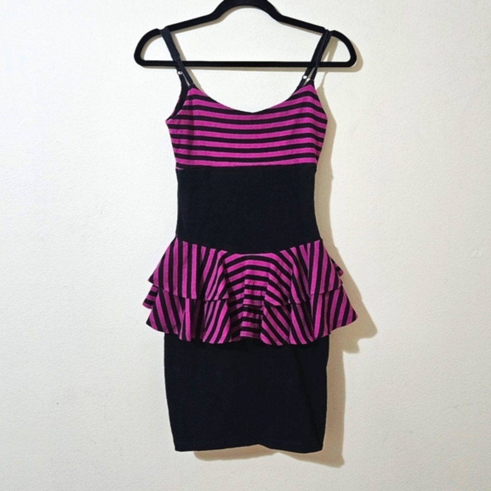 Betsey Johnson Black and Magenta Striped Peplum Mini Dress